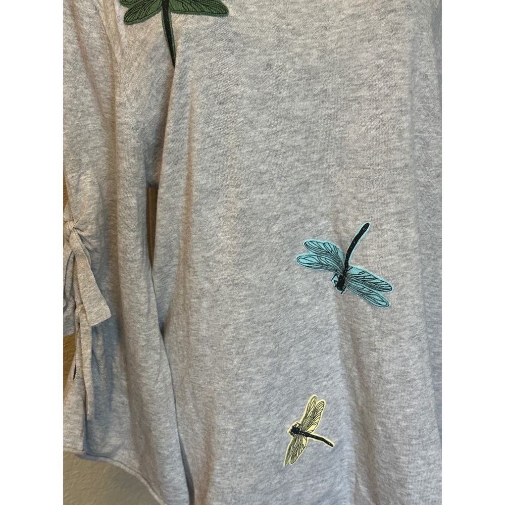 Democracy Womens Gray Dragonfly Embroidered Bell Sleeve Cotton Sweater Top L - Picture 6 of 15
